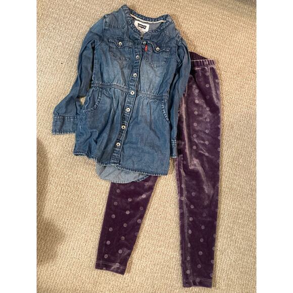 Levi’s Denim Jean Dress & Peek Polka-dot Velvet Leggings ~ LOT Size 4 - Picture 1 of 6